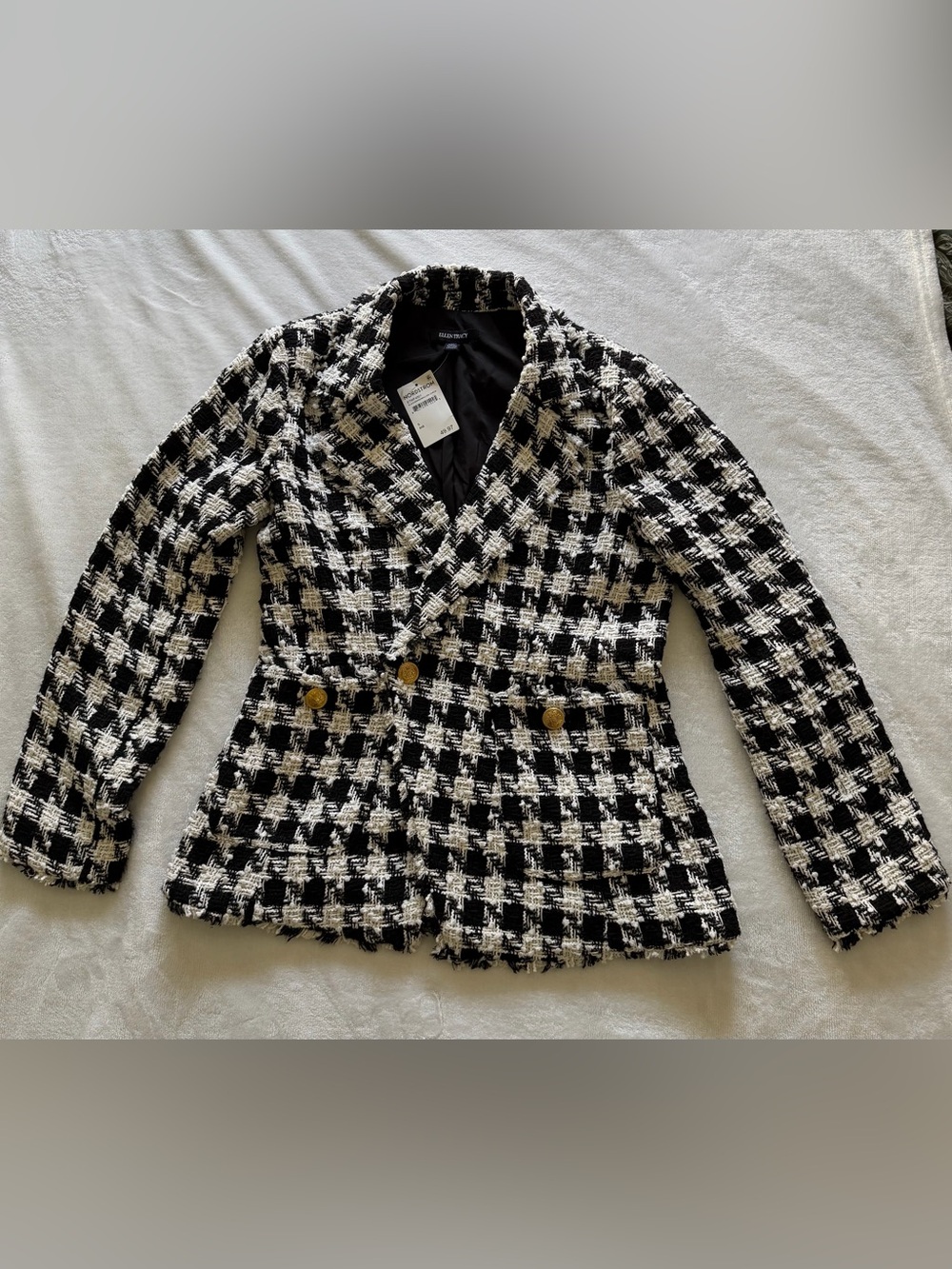 Ellen Tracy Black & White Houndstooth Double-Breasted Tweed Blazer